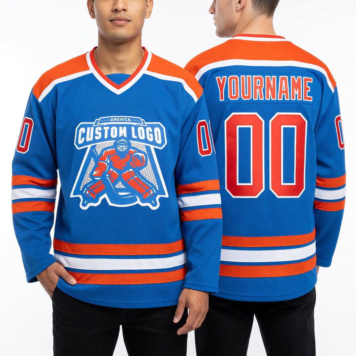 Custom Blue Orange-White Hockey Jersey worn front and back