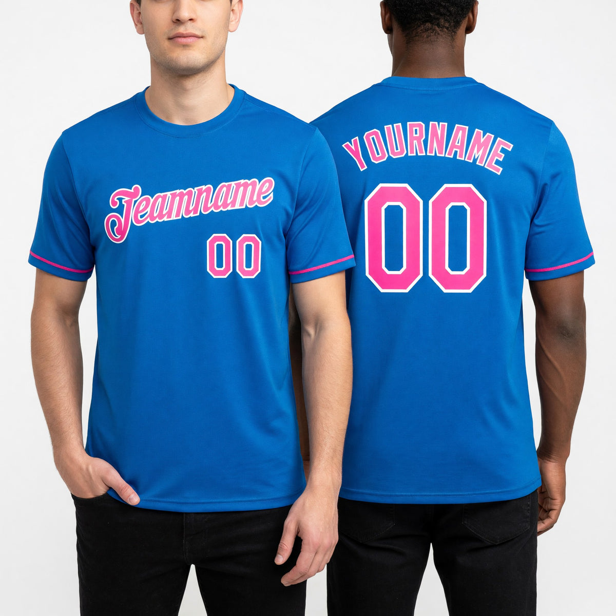 Custom Blue Pink-White Performance T-Shirt worn front and back