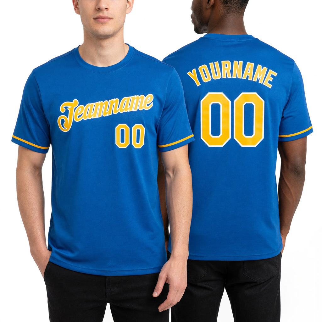 Custom Blue Gold-White Performance T-Shirt worn front and back