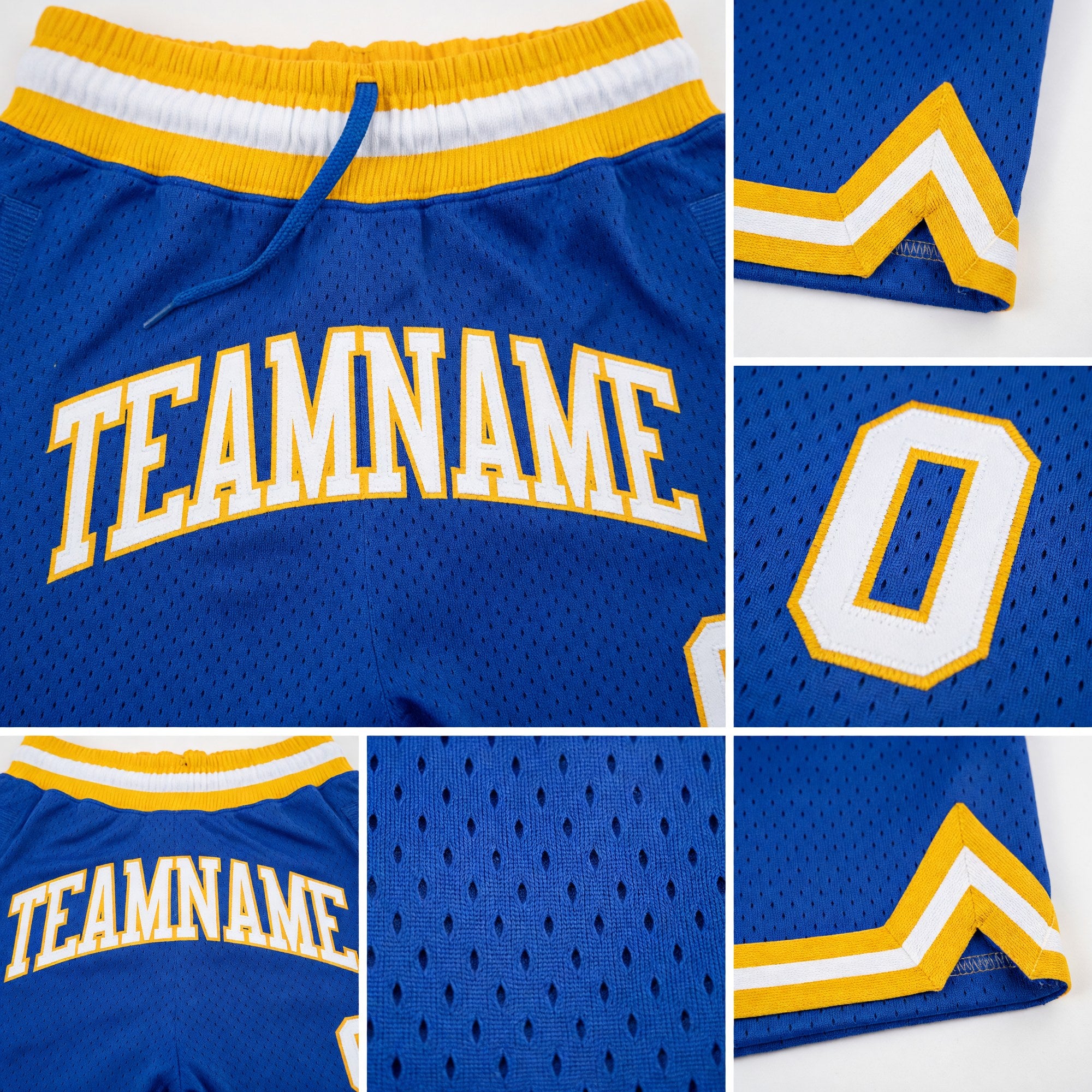 Custom Blue White-Gold Authentic Throwback Basketball Shorts detail