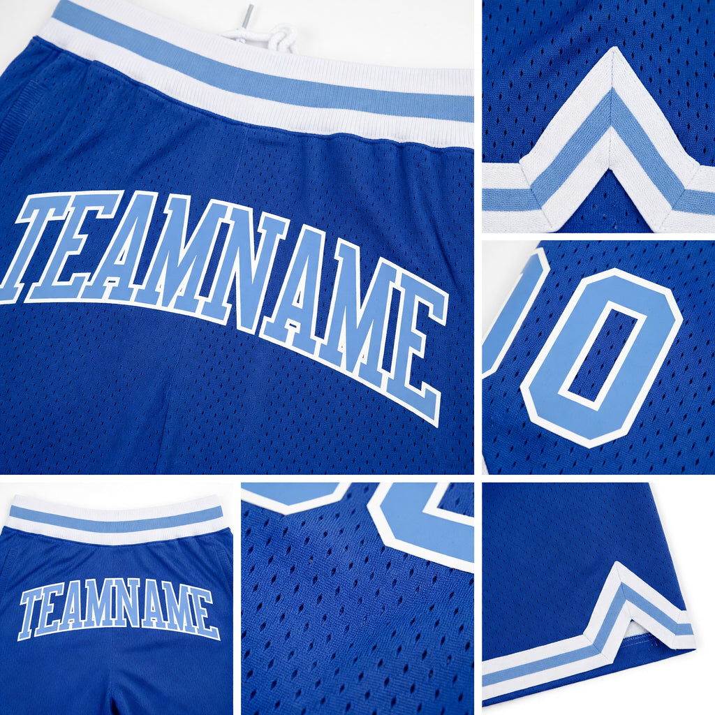 Custom Blue Light Blue-White Authentic Throwback Basketball Shorts detail