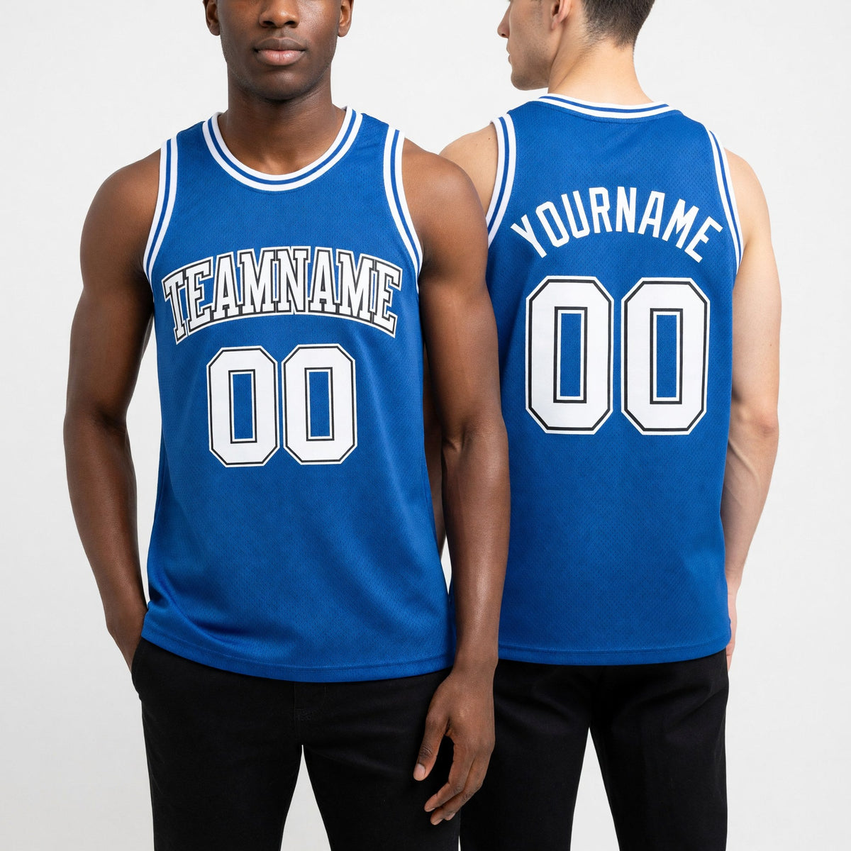 Custom Blue White-Black Authentic Throwback Basketball Jersey worn front and back