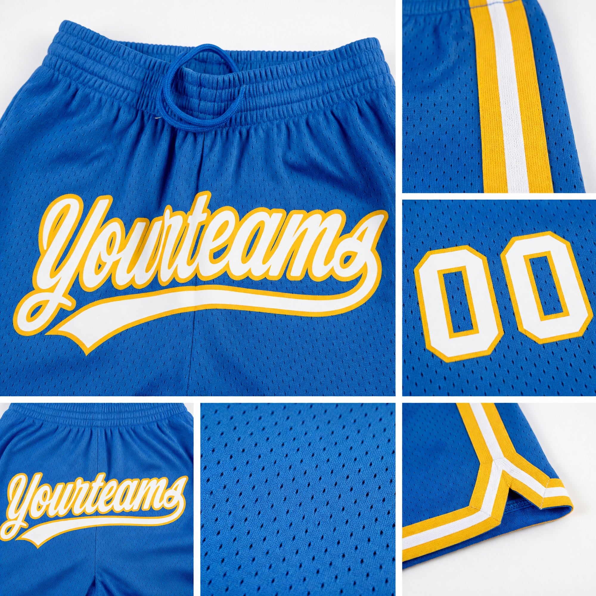 Custom Blue White-Gold Authentic Throwback Basketball Shorts detail