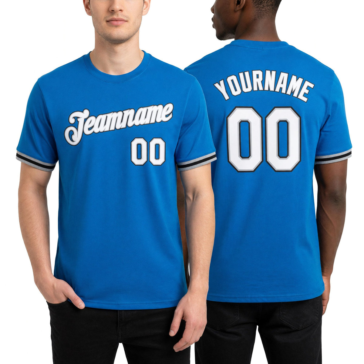 Custom Blue White Gray-Black Performance T-Shirt worn front and back