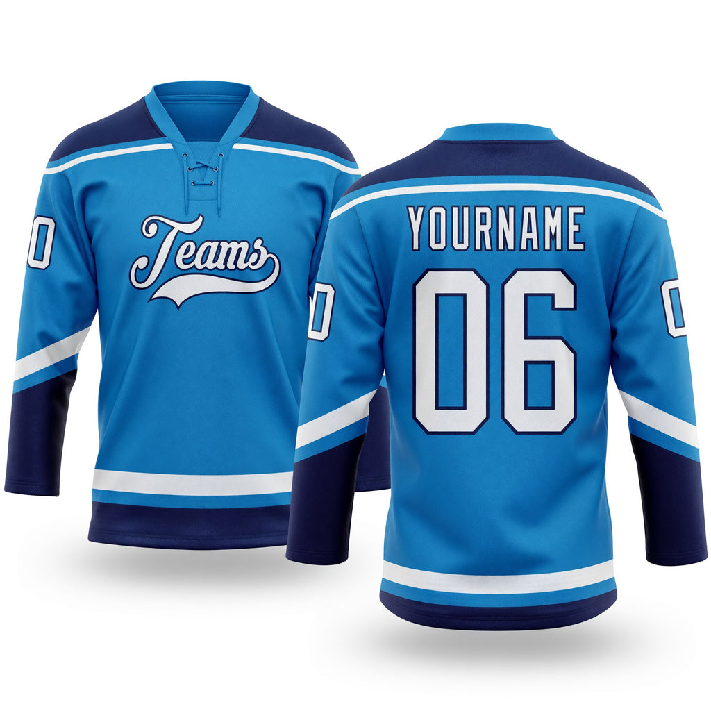 Custom Blue White-Navy Hockey Lace Neck Jersey