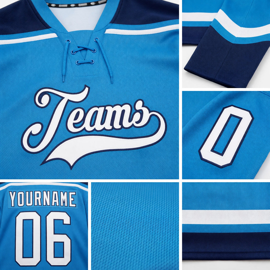 Custom Blue White-Navy Hockey Lace Neck Jersey detail