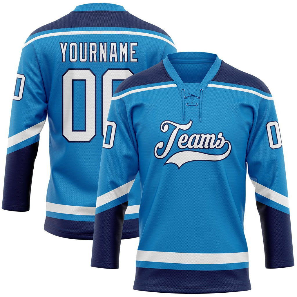 Custom Blue White-Navy Hockey Lace Neck Jersey photo 1
