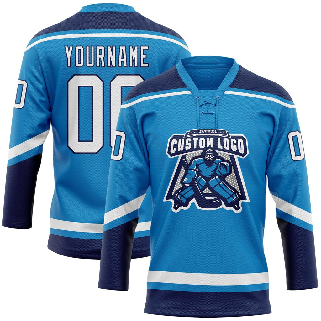 Custom Blue White-Navy Hockey Lace Neck Jersey photo 2