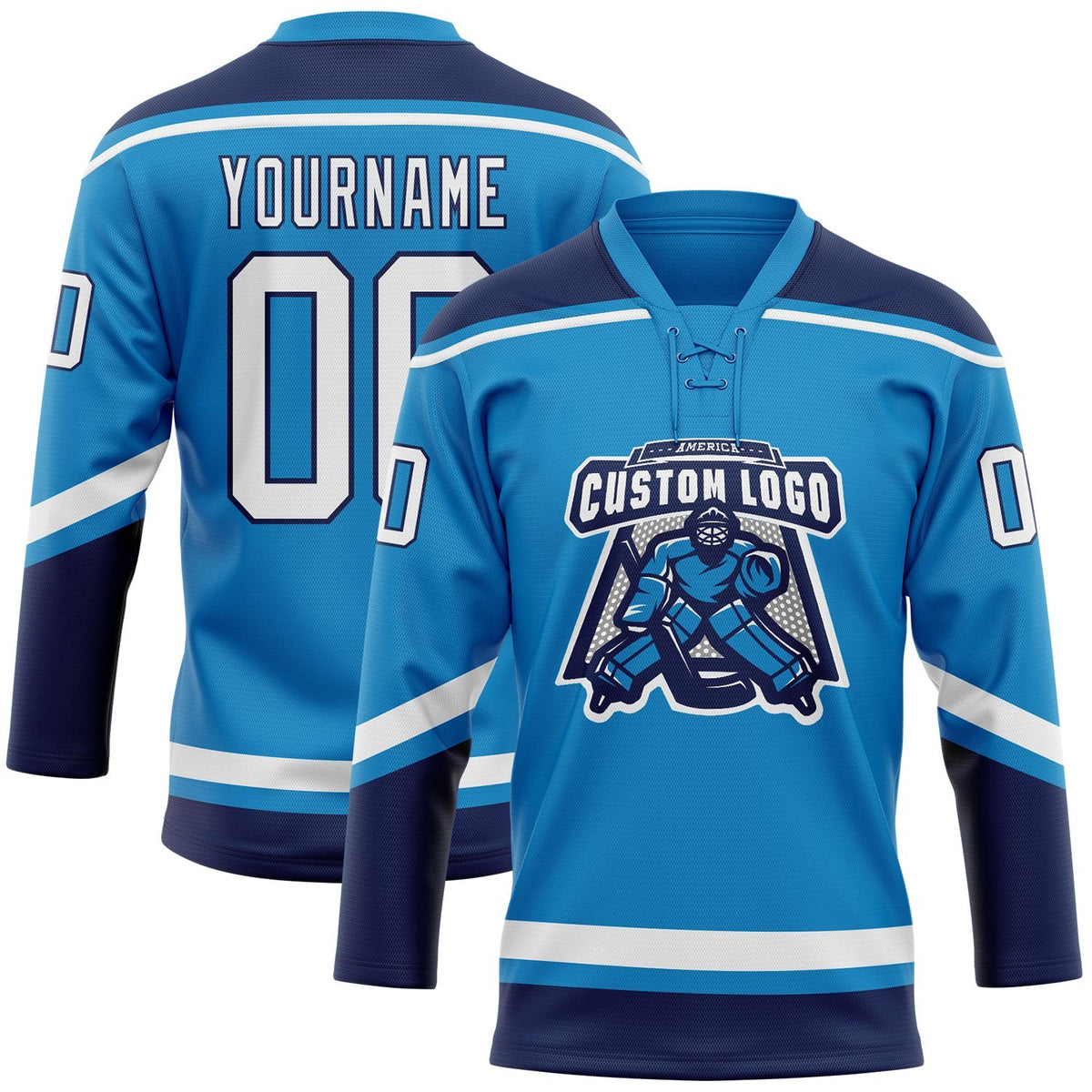 Custom Blue White-Navy Hockey Lace Neck Jersey photo 2