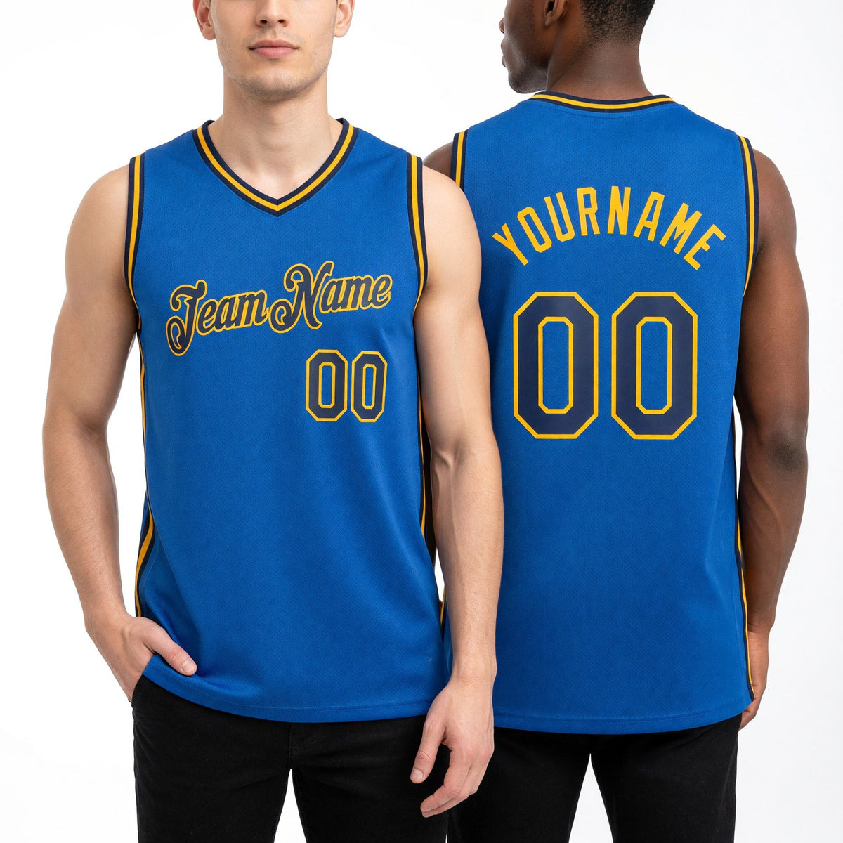 Custom Blue Navy-Gold Authentic Throwback Basketball Jersey worn front and back