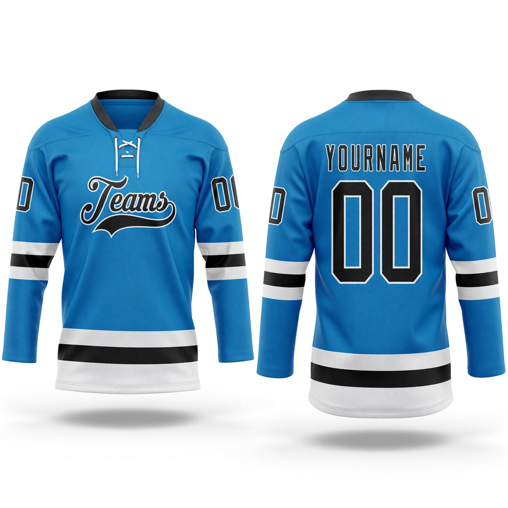 Custom Blue Black-White Hockey Lace Neck Jersey
