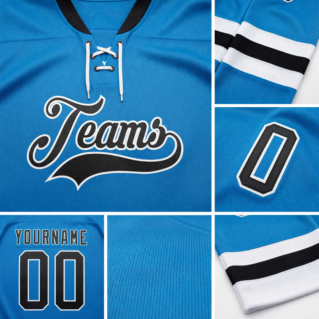 Custom Blue Black-White Hockey Lace Neck Jersey detail