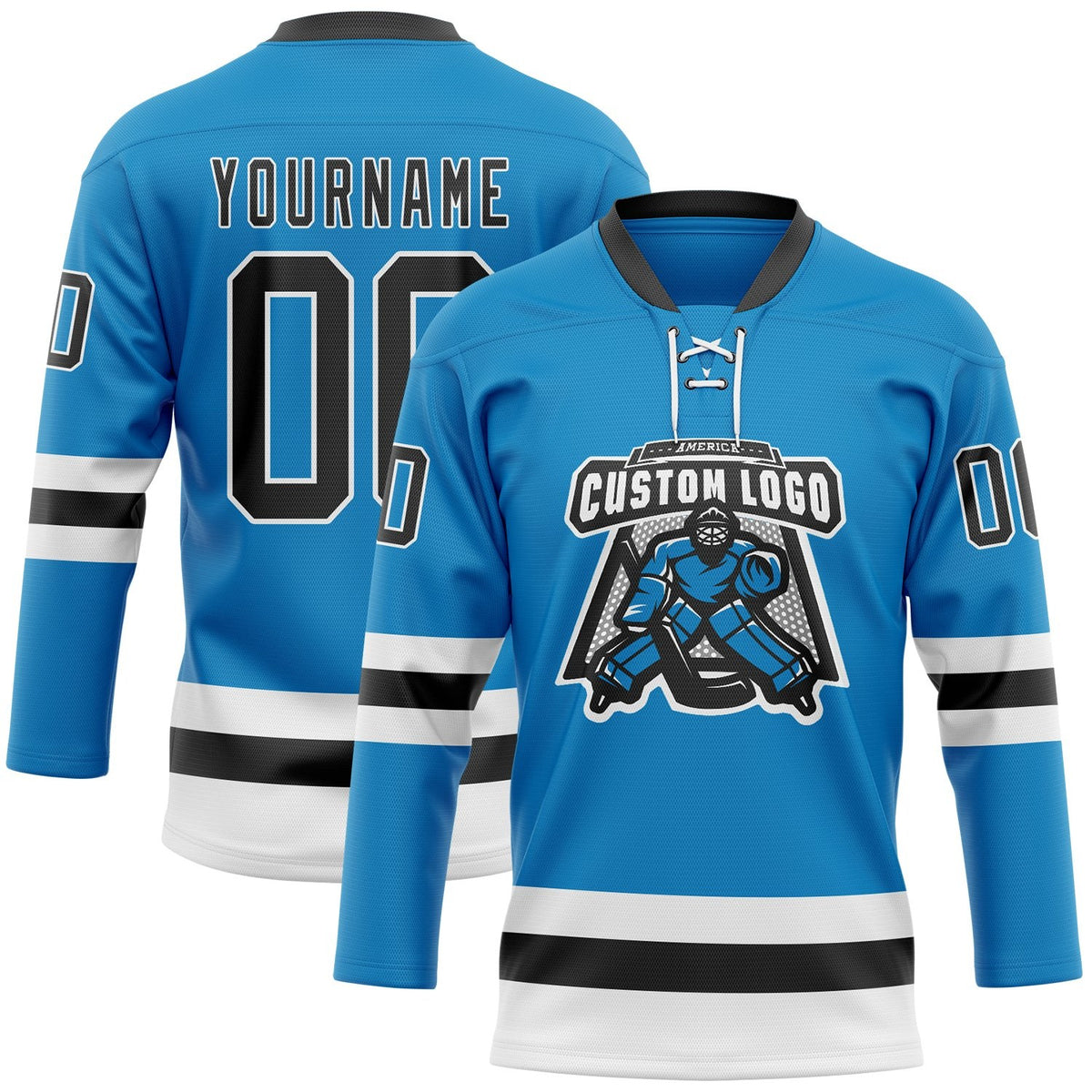 Custom Blue Black-White Hockey Lace Neck Jersey photo 2