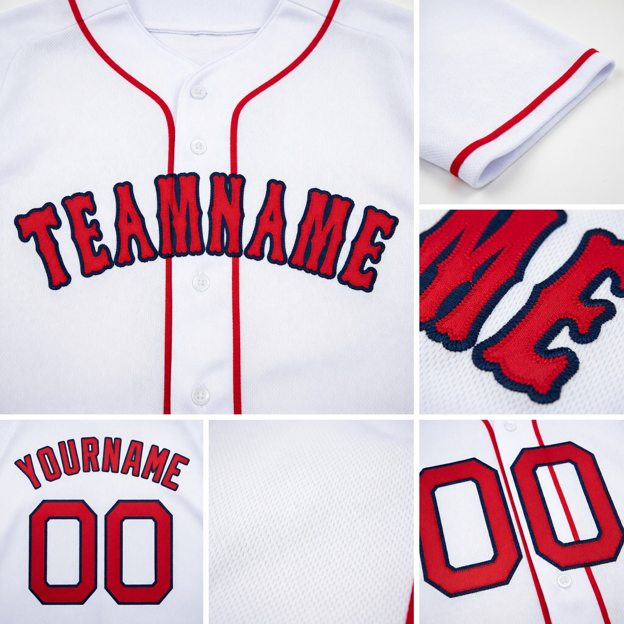 Custom White Red-Navy Baseball Jersey detail