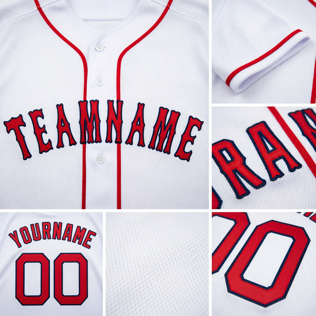 Custom White Red-Navy Baseball Jersey detail