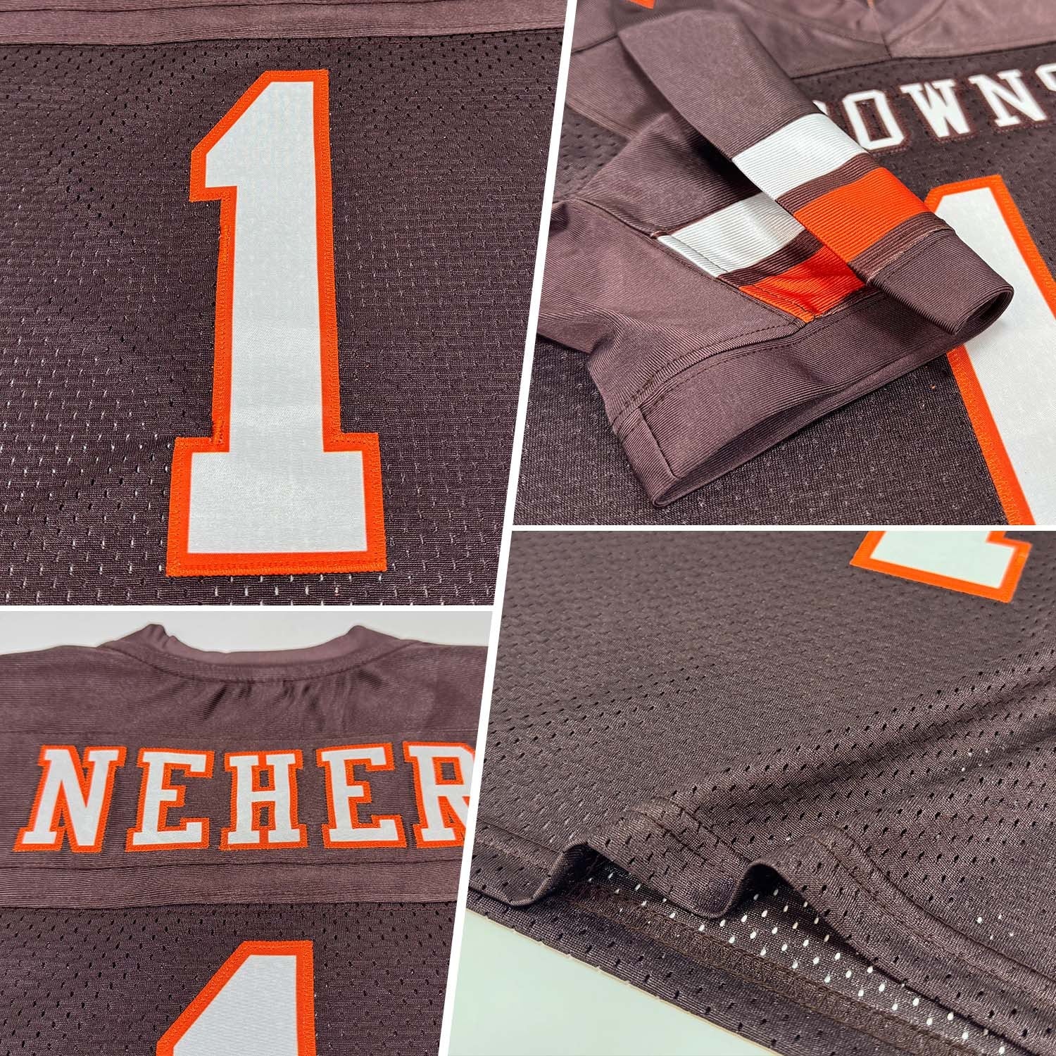 Custom Brown White-Orange Mesh Authentic Football Jersey photo 2