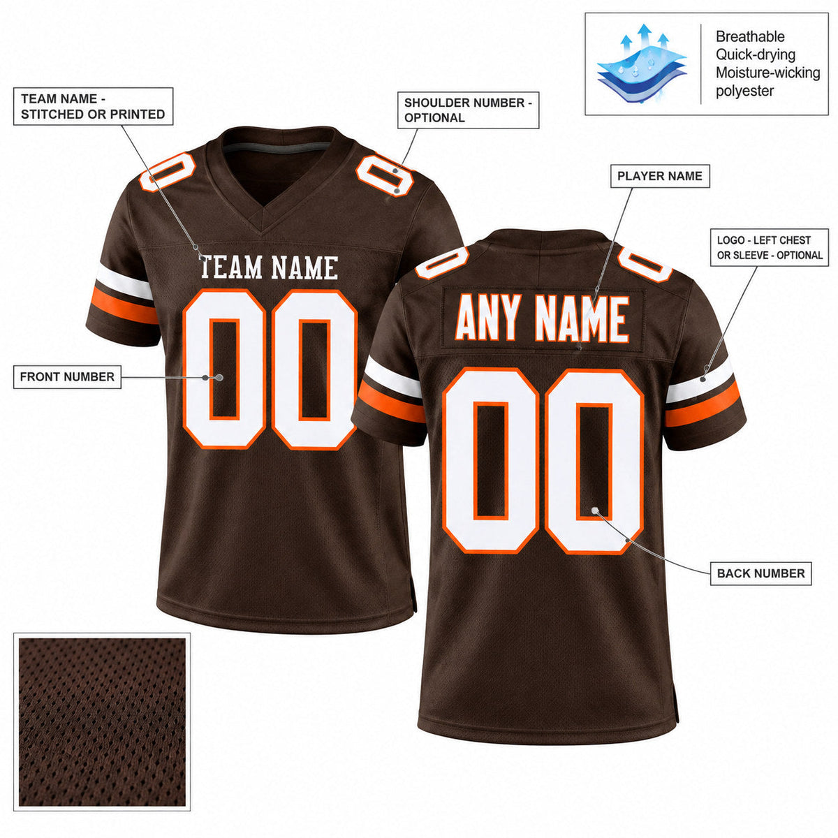 Custom Brown Mesh Authentic Football Jersey with White and Orange Lettering Design 0024 customization guide
