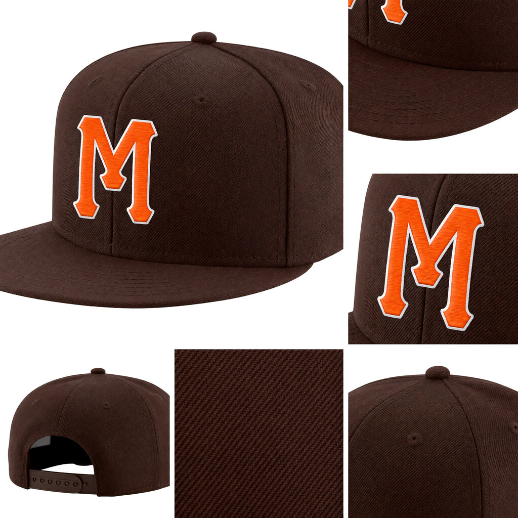 Custom Brown Orange-White Stitched Adjustable Snapback Hat detail