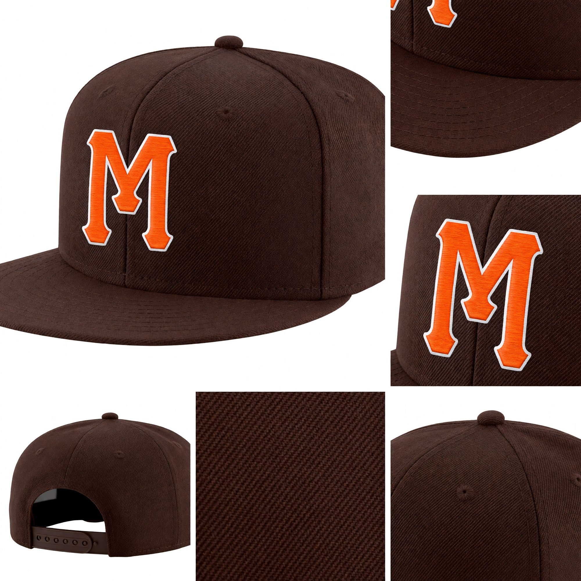 Custom Brown Orange-White Stitched Adjustable Snapback Hat detail