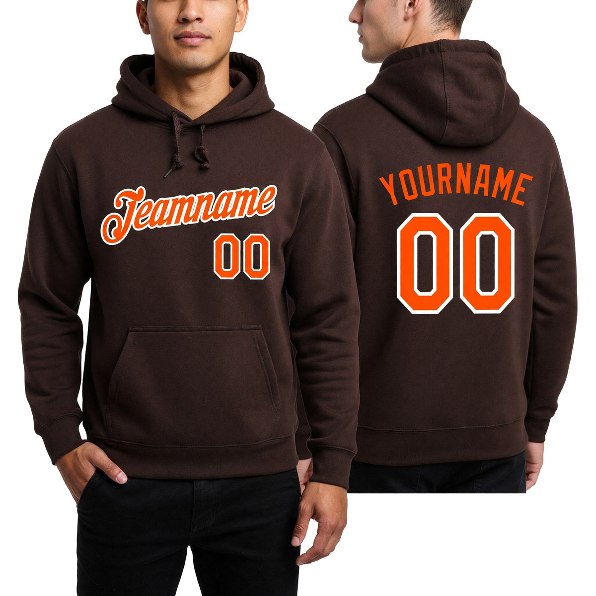 Custom Stitched Brown Orange-White Sports Pullover Sweatshirt Hoodie worn front and back