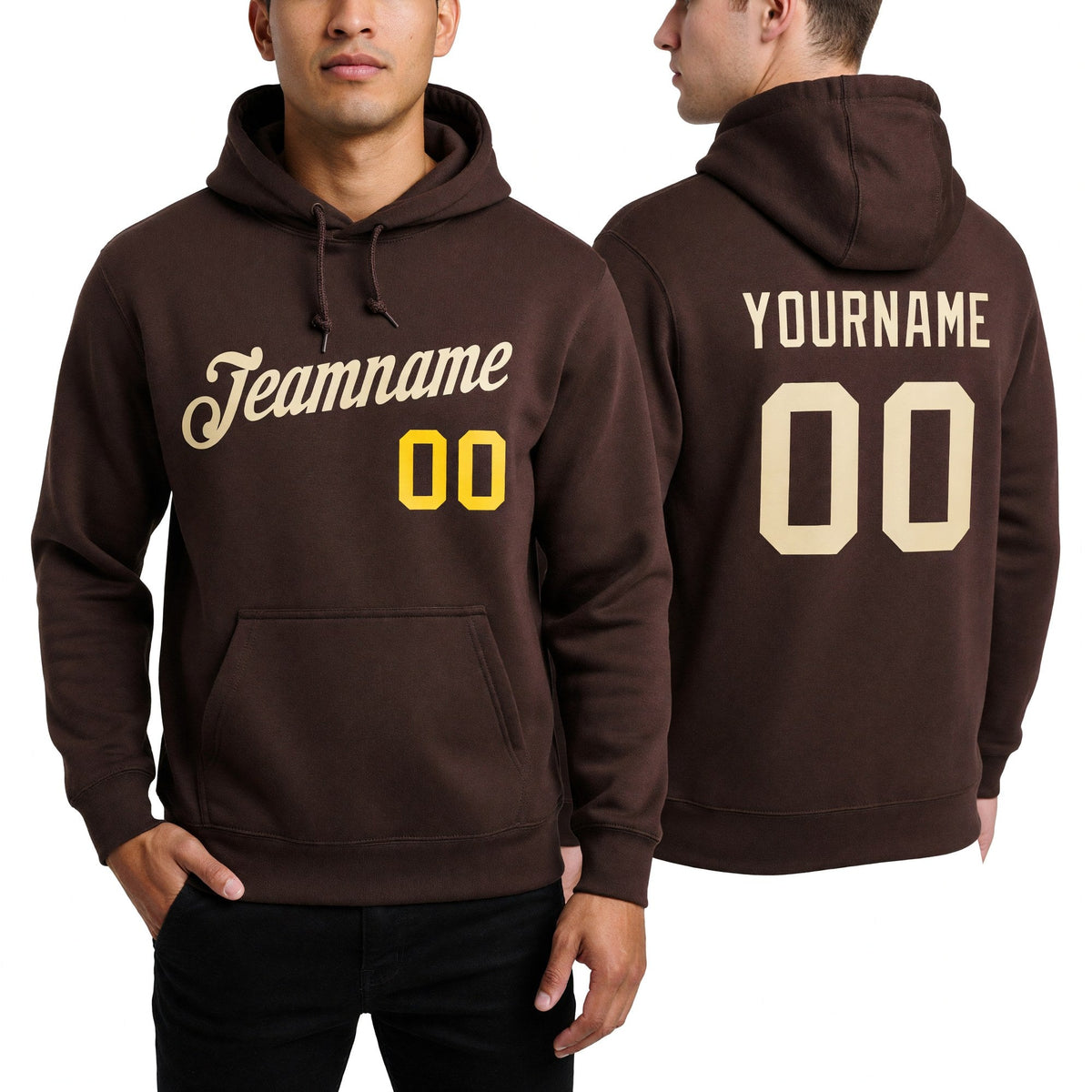 Custom Stitched Brown Cream-Gold Sports Pullover Sweatshirt Hoodie worn front and back