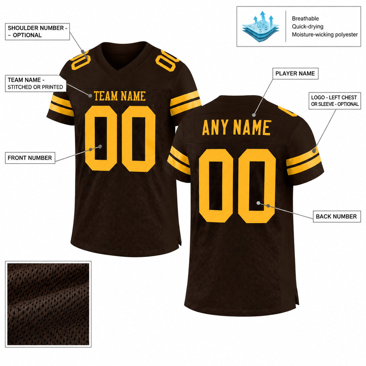 Custom Brown Mesh Authentic Football Jersey with Gold Lettering customization guide