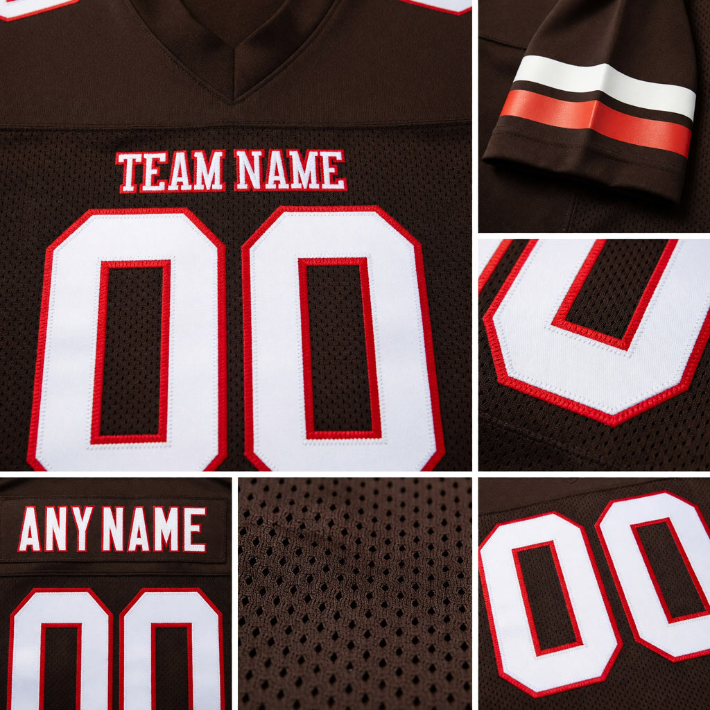 Custom Brown White-Red Mesh Authentic Football Jersey detail
