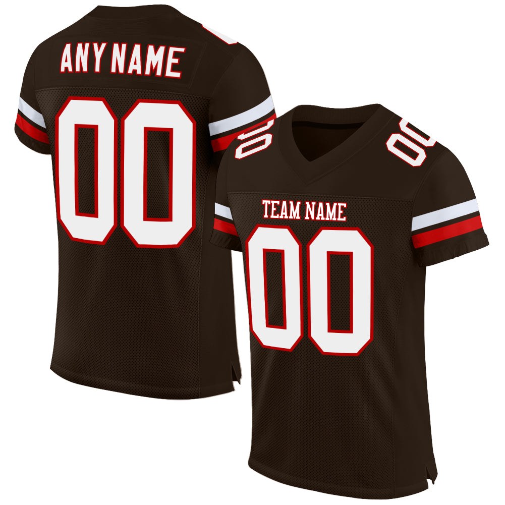 Custom Brown White-Red Mesh Authentic Football Jersey photo 1