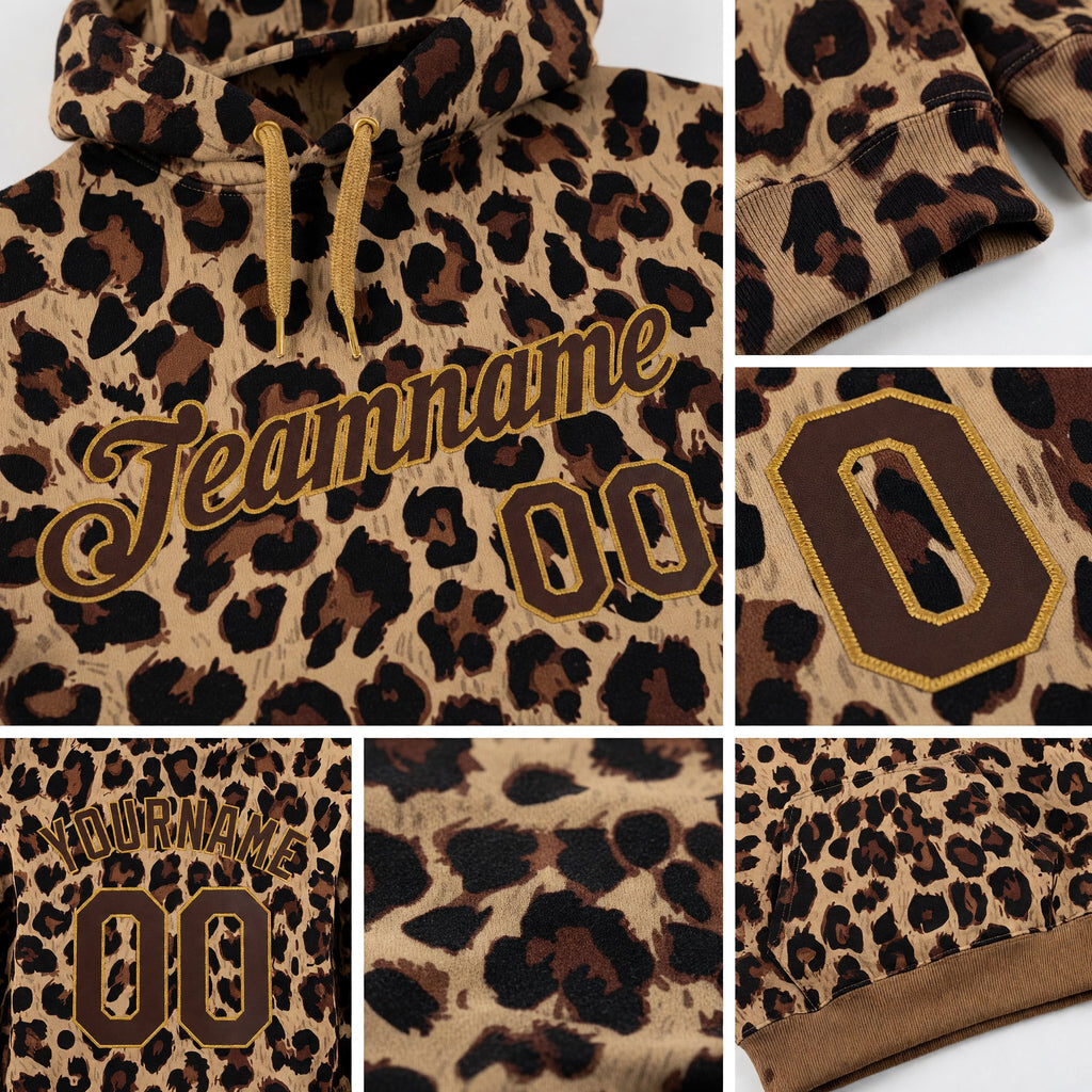 Custom Stitched Brown Brown-Old Gold 3D Pattern Design Leopard Sports Pullover Sweatshirt Hoodie detail