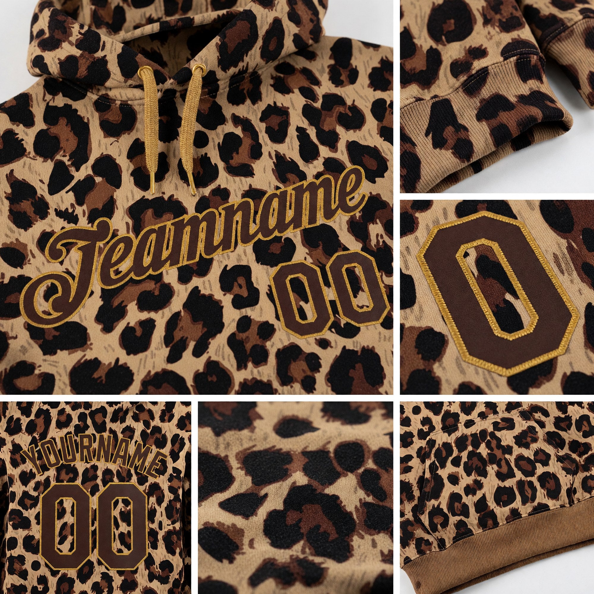Custom Stitched Brown Brown-Old Gold 3D Pattern Design Leopard Sports Pullover Sweatshirt Hoodie detail