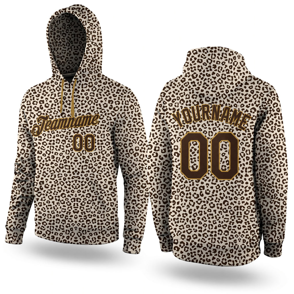 Custom Stitched Brown Brown-Old Gold 3D Pattern Design Leopard Sports Pullover Sweatshirt Hoodie