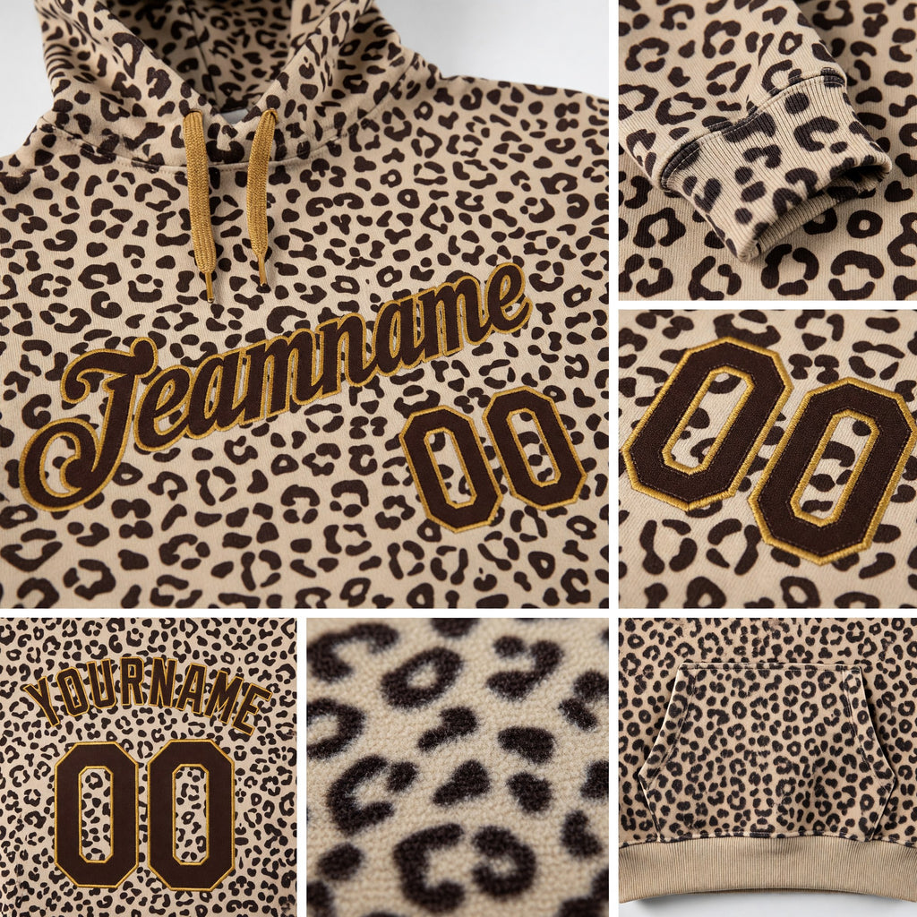 Custom Stitched Brown Brown-Old Gold 3D Pattern Design Leopard Sports Pullover Sweatshirt Hoodie detail