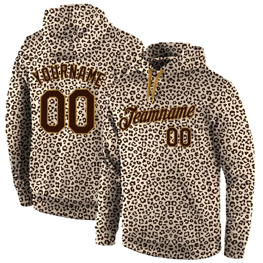 Custom Stitched Brown Brown-Old Gold 3D Pattern Design Leopard Sports Pullover Sweatshirt Hoodie photo 1