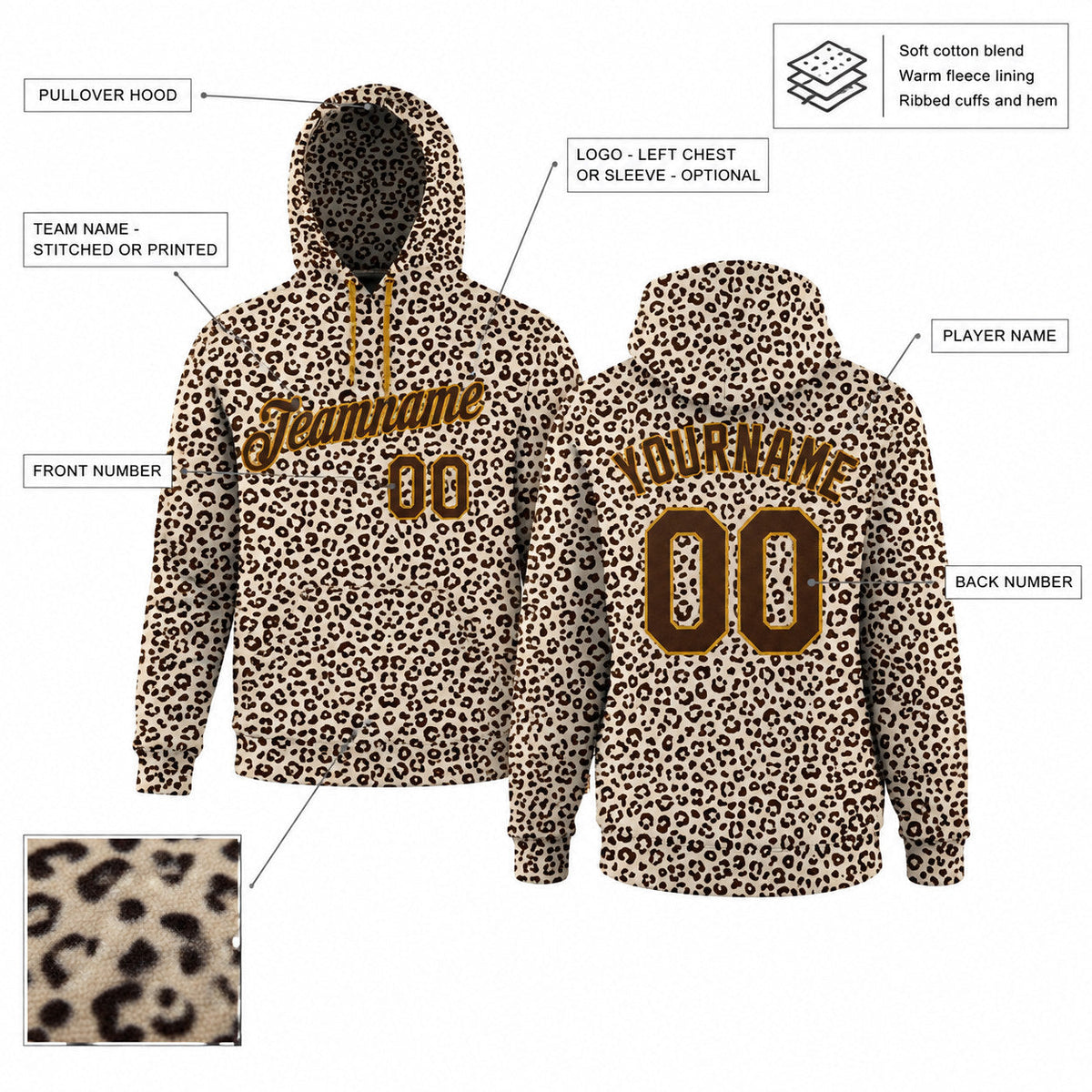 Custom Brown Leopard Pullover Hoodie with Brown and Old Gold Lettering Design 0069 customization guide