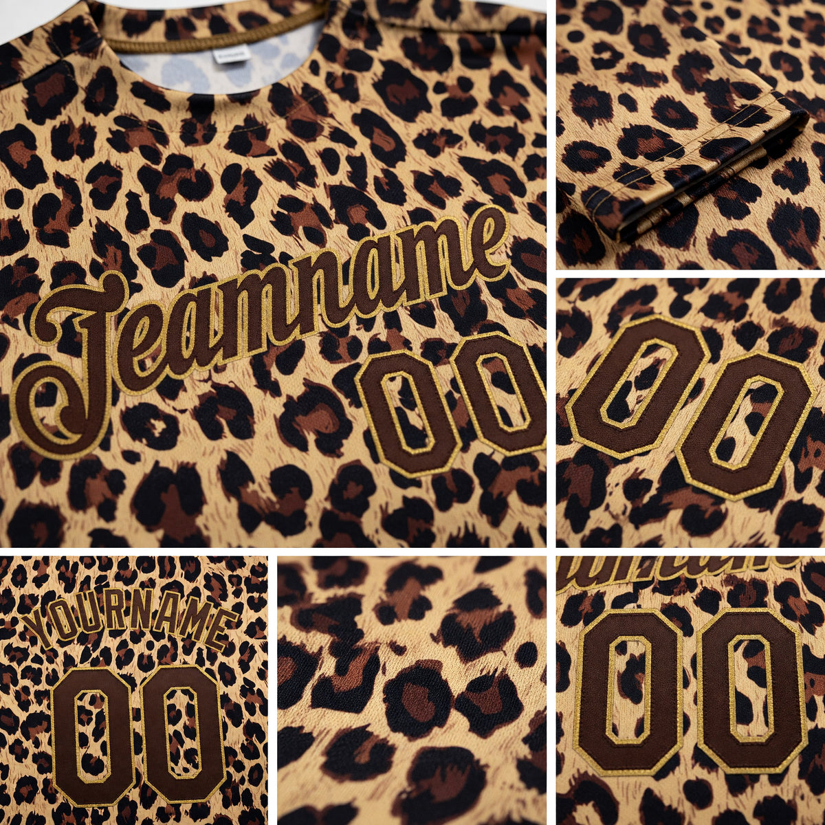 Custom Brown Brown-Old Gold 3D Pattern Design Leopard Performance T-Shirt detail