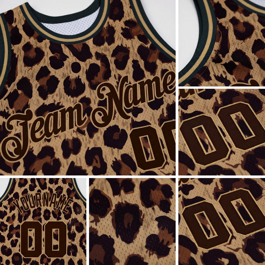 Custom Brown Brown-Old Gold 3D Pattern Design Leopard Authentic Basketball Jersey detail