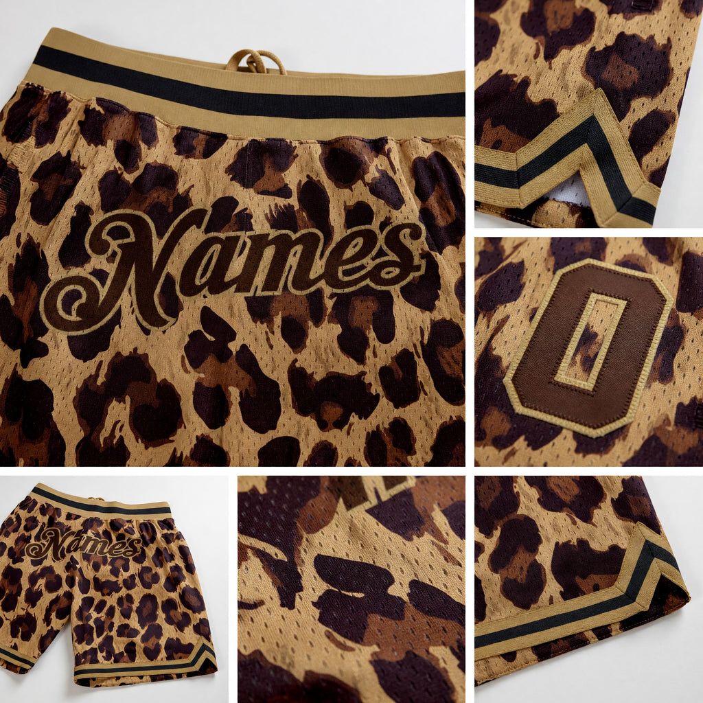 Custom Brown Brown-Old Gold 3D Pattern Design Leopard Authentic Basketball Shorts detail