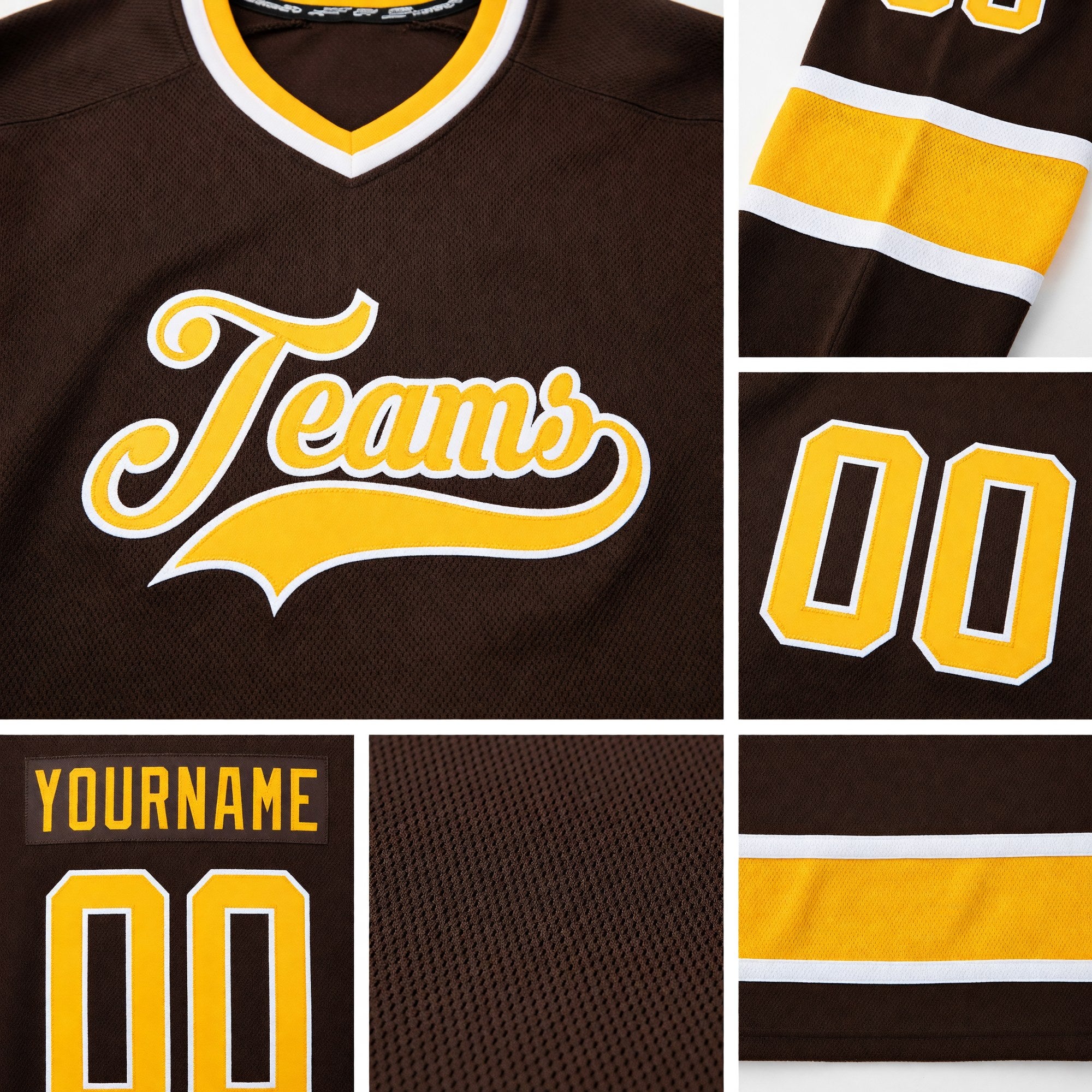 Custom Brown Gold-White Hockey Jersey detail