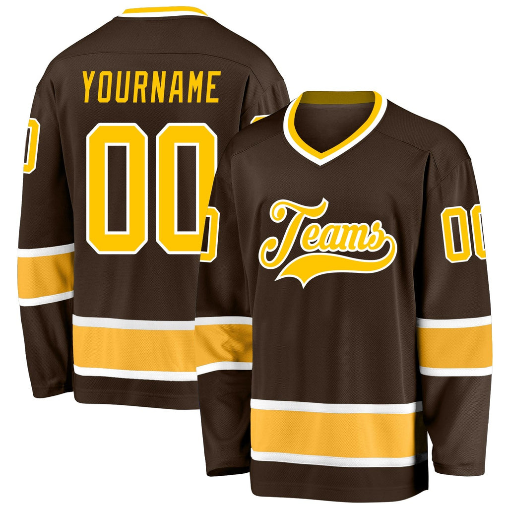 Custom Brown Gold-White Hockey Jersey photo 1