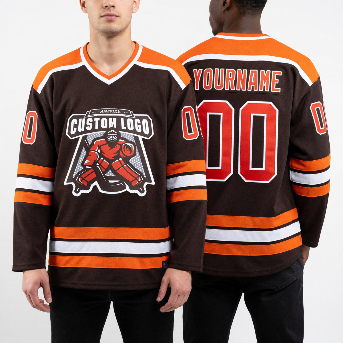 Custom Brown Orange-White Hockey Jersey worn front and back