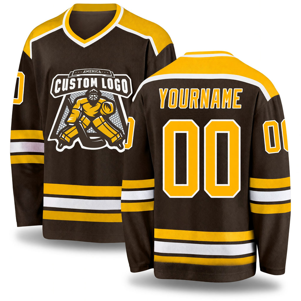 Custom Brown Gold-White Hockey Jersey
