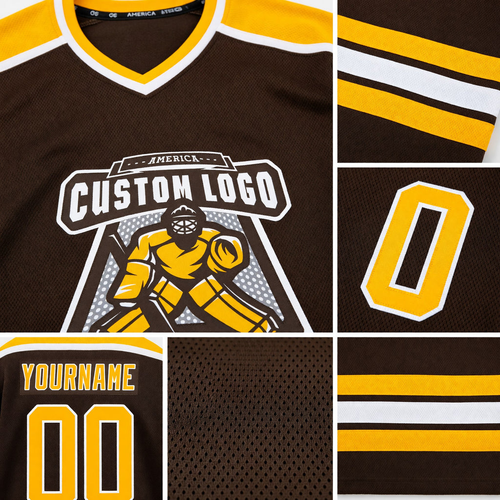 Custom Brown Gold-White Hockey Jersey detail