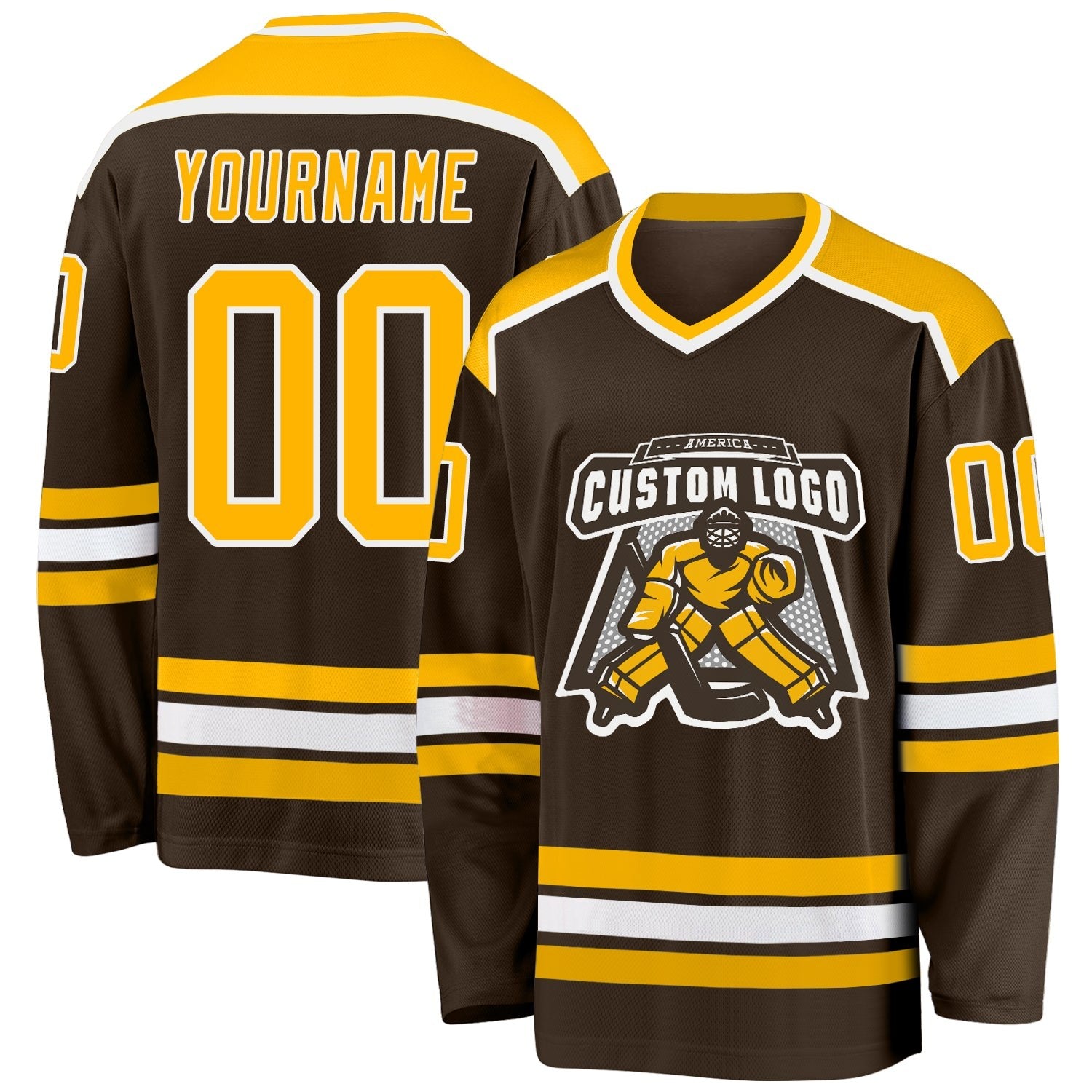 Custom Brown Gold-White Hockey Jersey photo 1