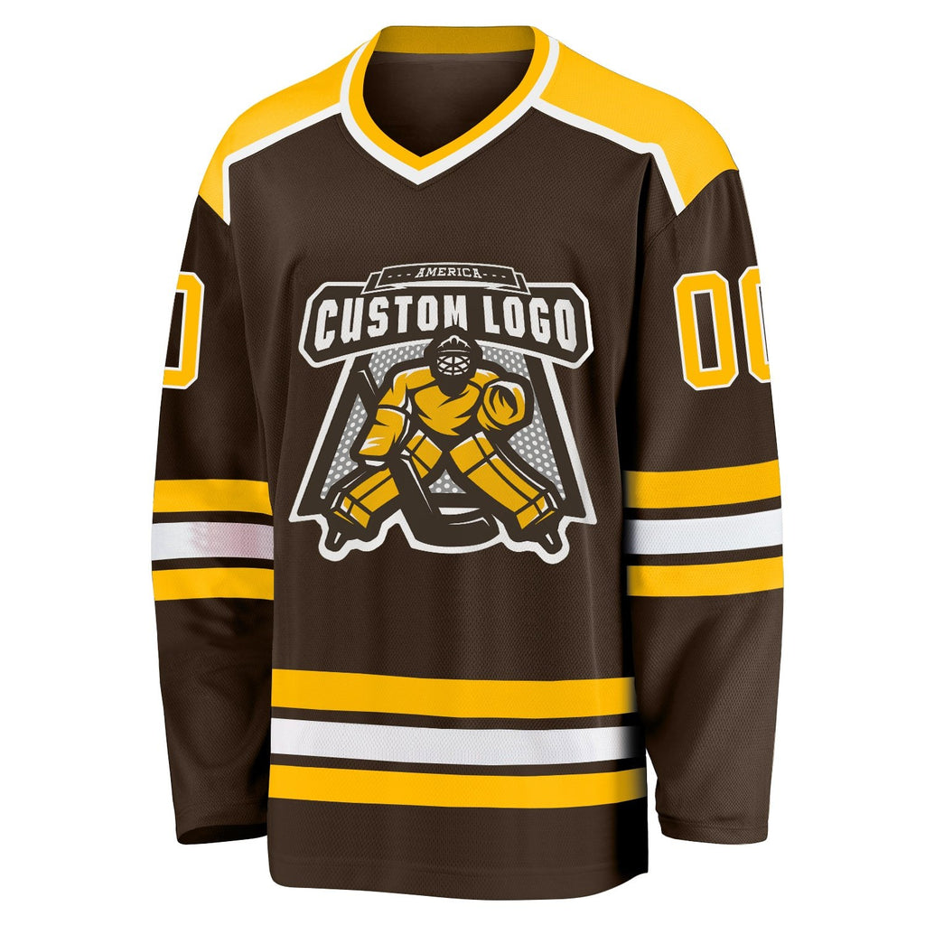 Custom Brown Gold-White Hockey Jersey photo 2