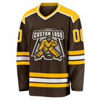 Custom Brown Gold-White Hockey Jersey photo 2