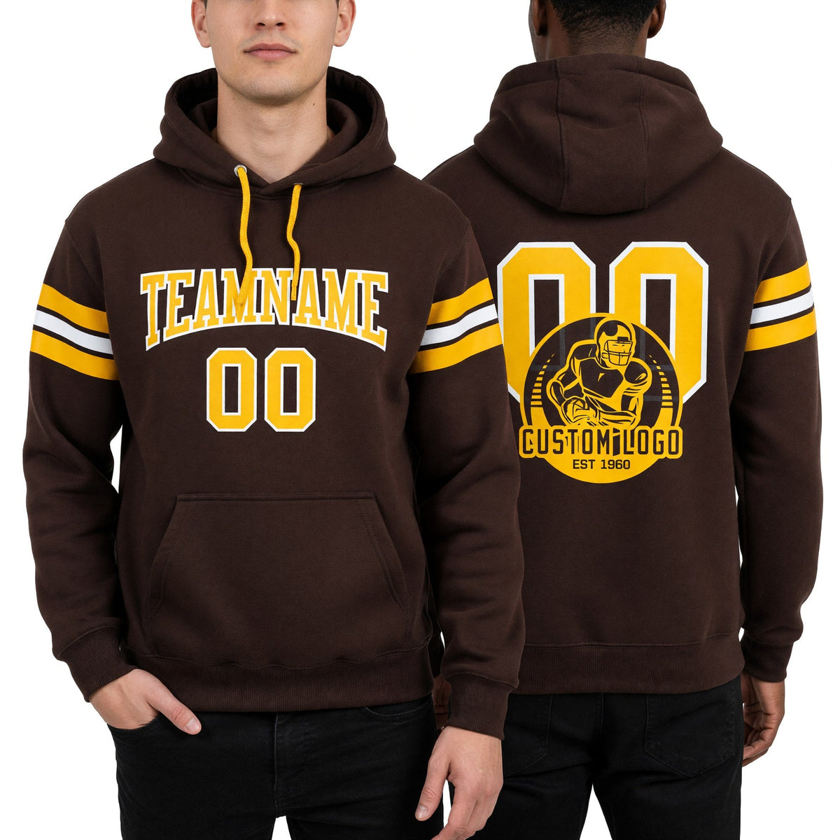 Custom Stitched Brown Gold-White Football Pullover Sweatshirt Hoodie worn front and back