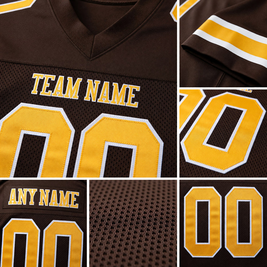 Custom Brown Old Gold-White Mesh Authentic Football Jersey detail