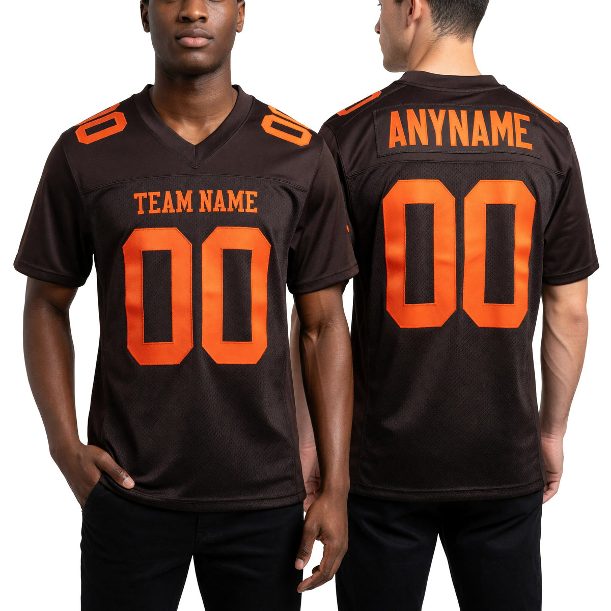 Custom Brown Bay Orange Mesh Authentic Football Jersey worn front and back