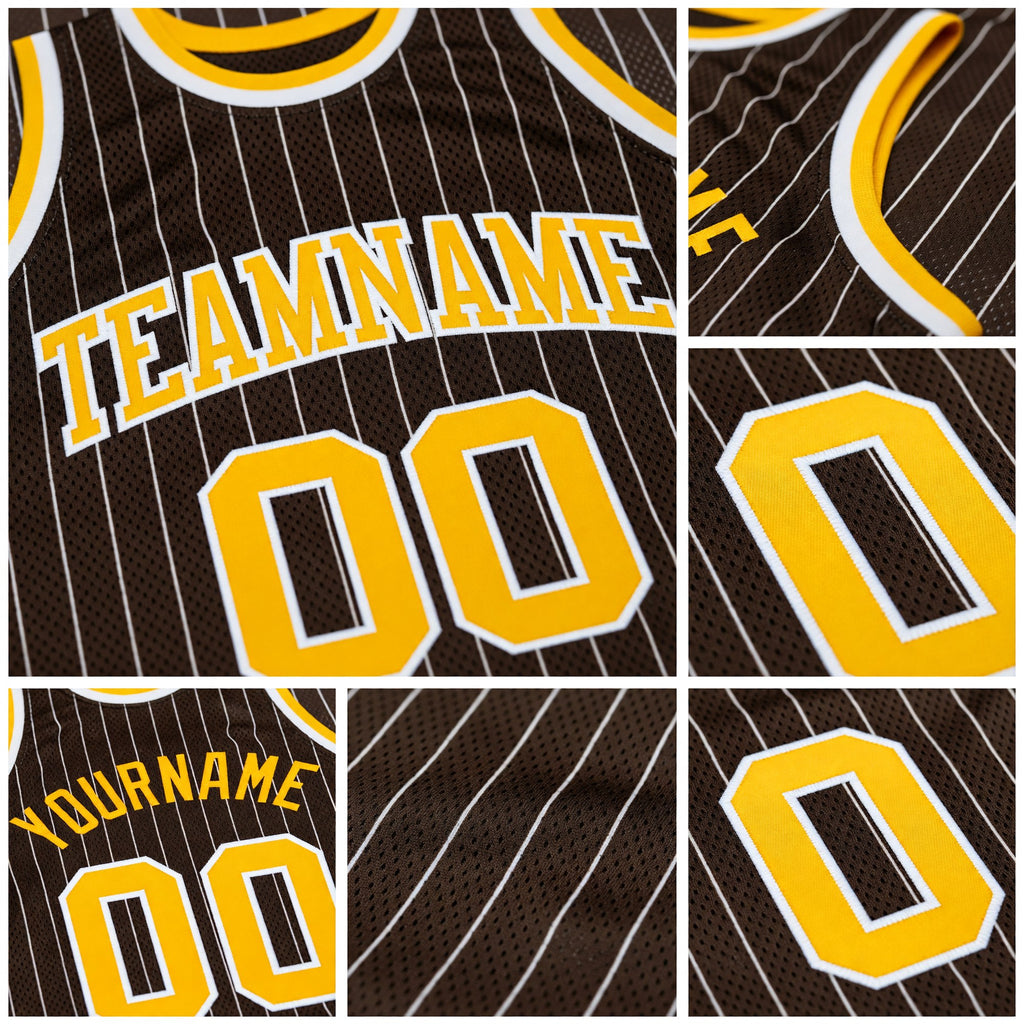 Custom Brown White Pinstripe Gold Authentic Basketball Jersey detail