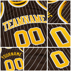 Custom Brown White Pinstripe Gold Authentic Basketball Jersey detail